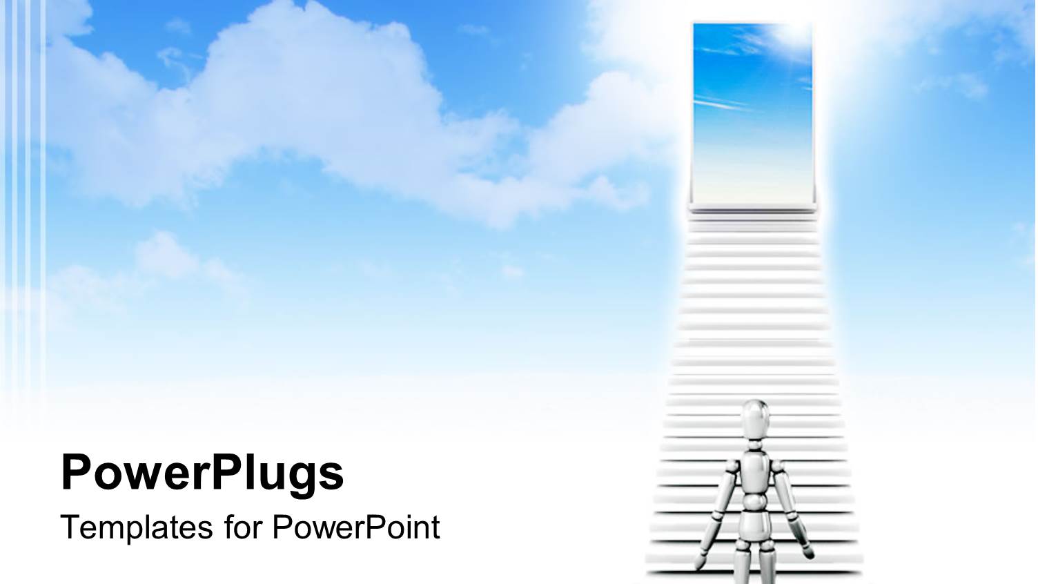 Chrome Figure Approaches Stairs to Doorway Showing Blue Sky and Clouds