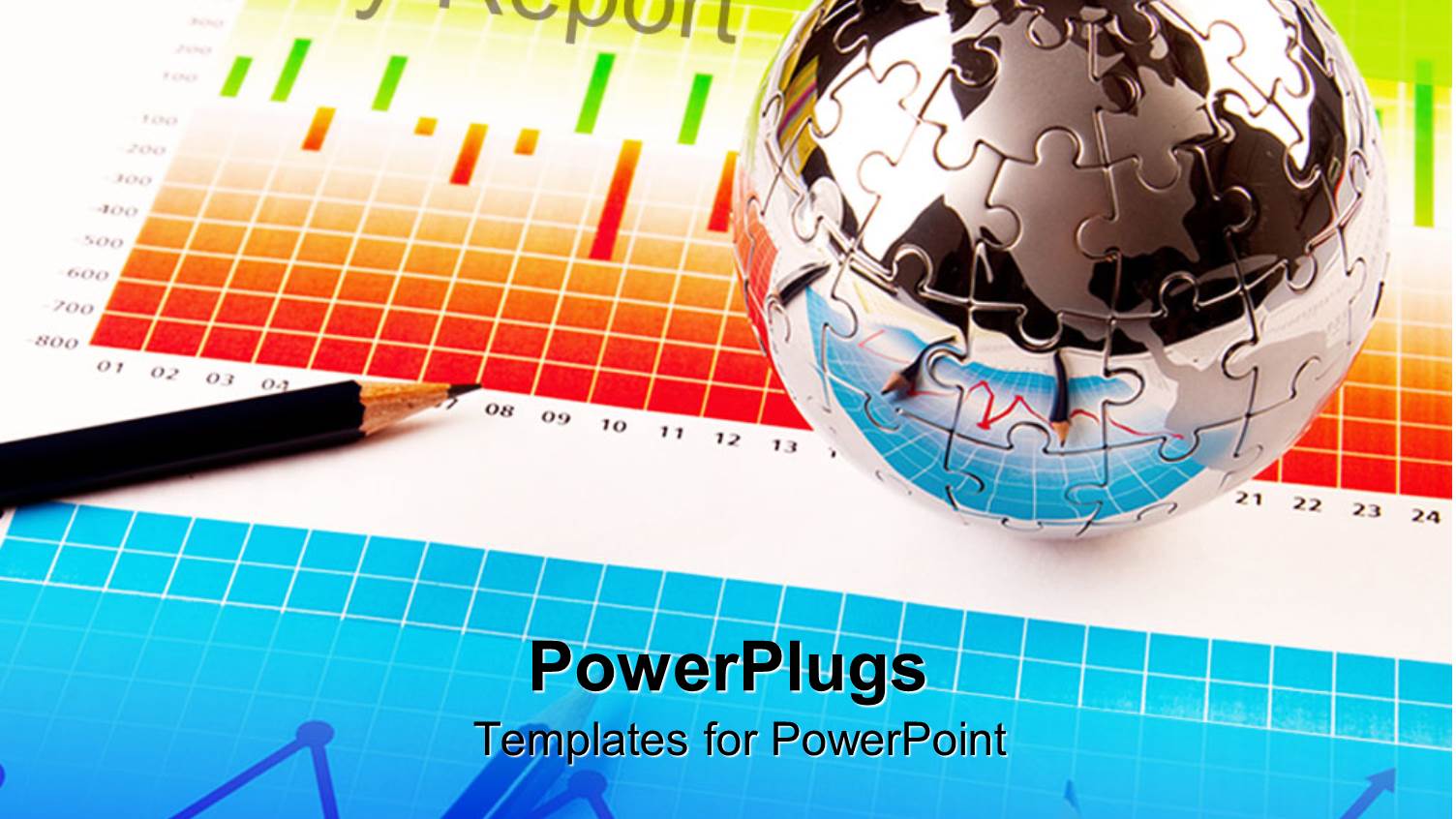 Chrome Jigsaw Puzzle Globe Sitting on Business Charts with Pencil