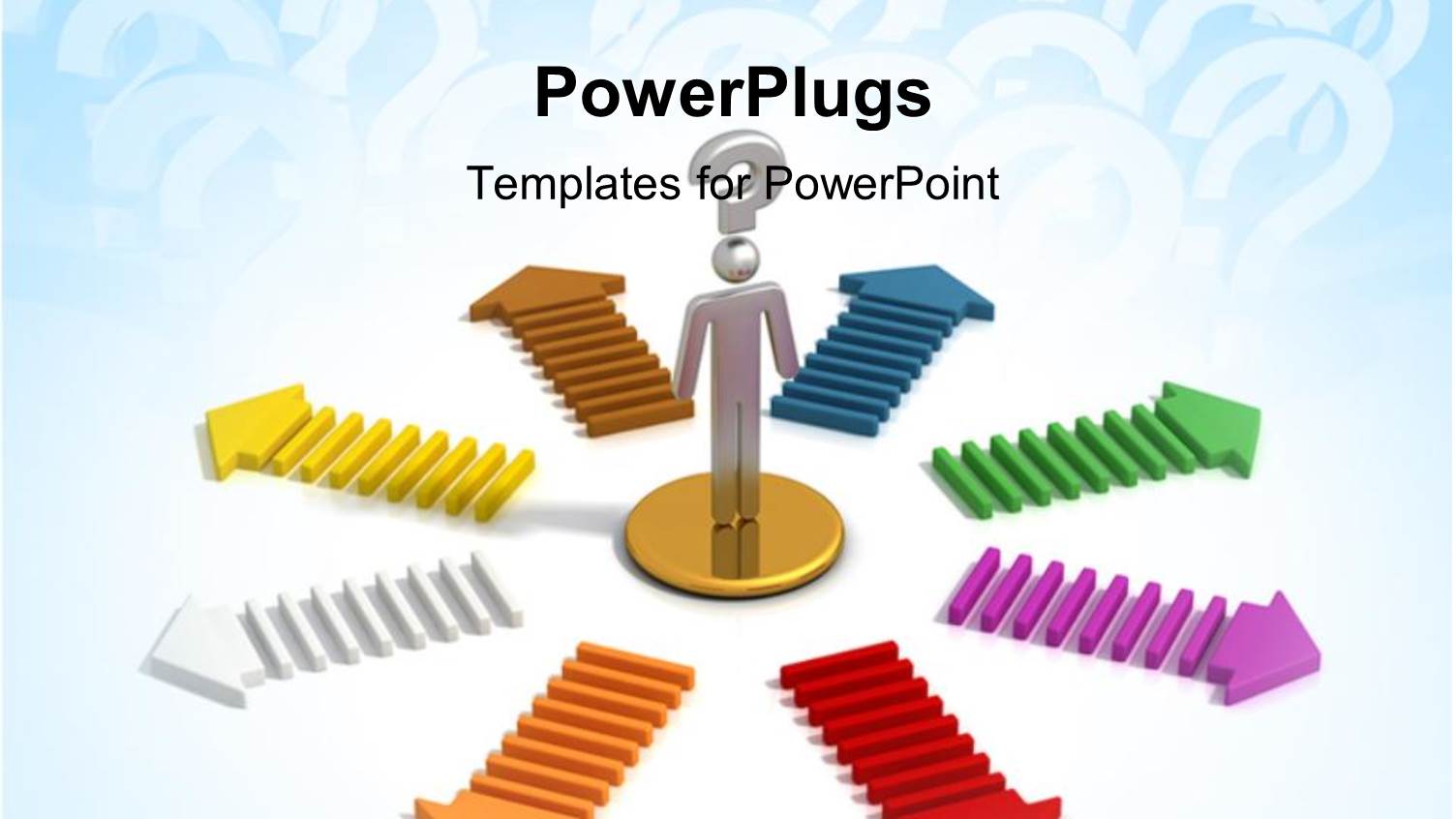 Chrome Man with Question Mark Symbol Over Head and Colored Arrows 