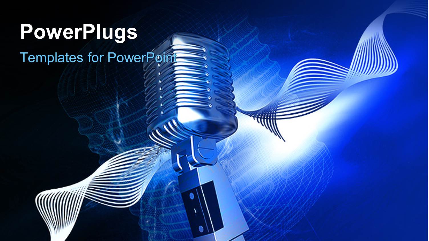 Chrome Plated Studio Microphone with Depiction of Sound Waves on Blue Background 