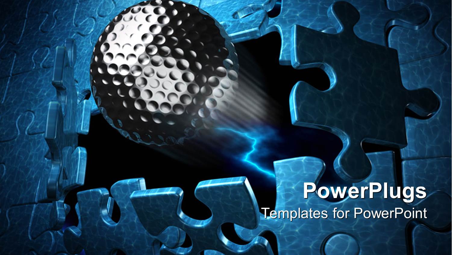 Chrome Spherical Ball Breaks Out of Blue Jigsaw Puzzle like Wall