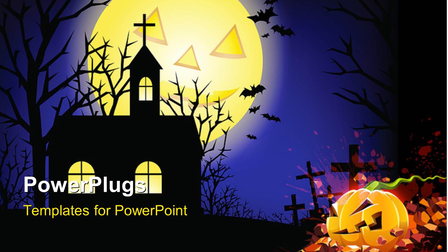 a Church in the Background with a Halloween Pumpkin and Graves