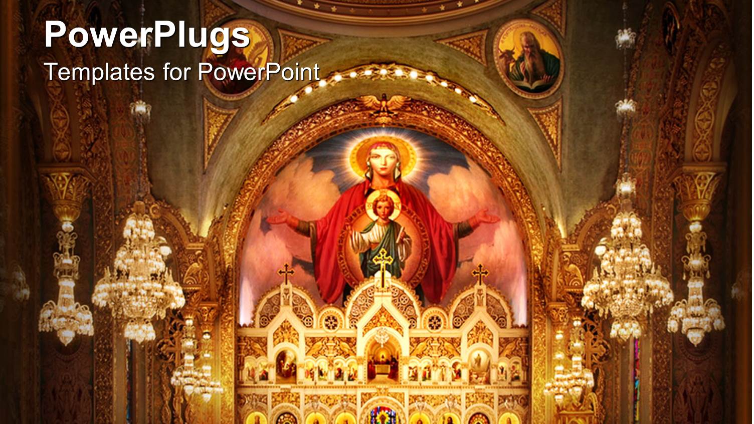 Church Interior with Altar and Dome and Icons Depicting Saints, Jesus Christ as a Child and Virgin Mary