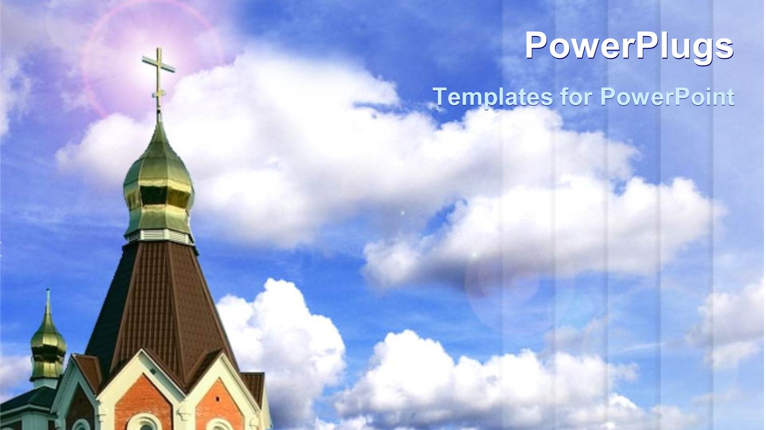 Church Steeple with Gold Cross on Blue Sky Background with Clouds
