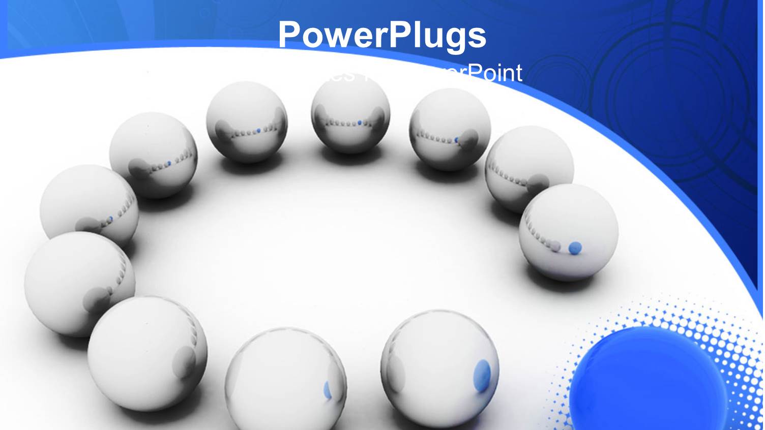 Circle of White Spheres and larger Blue Sphere on White and Blue Background
