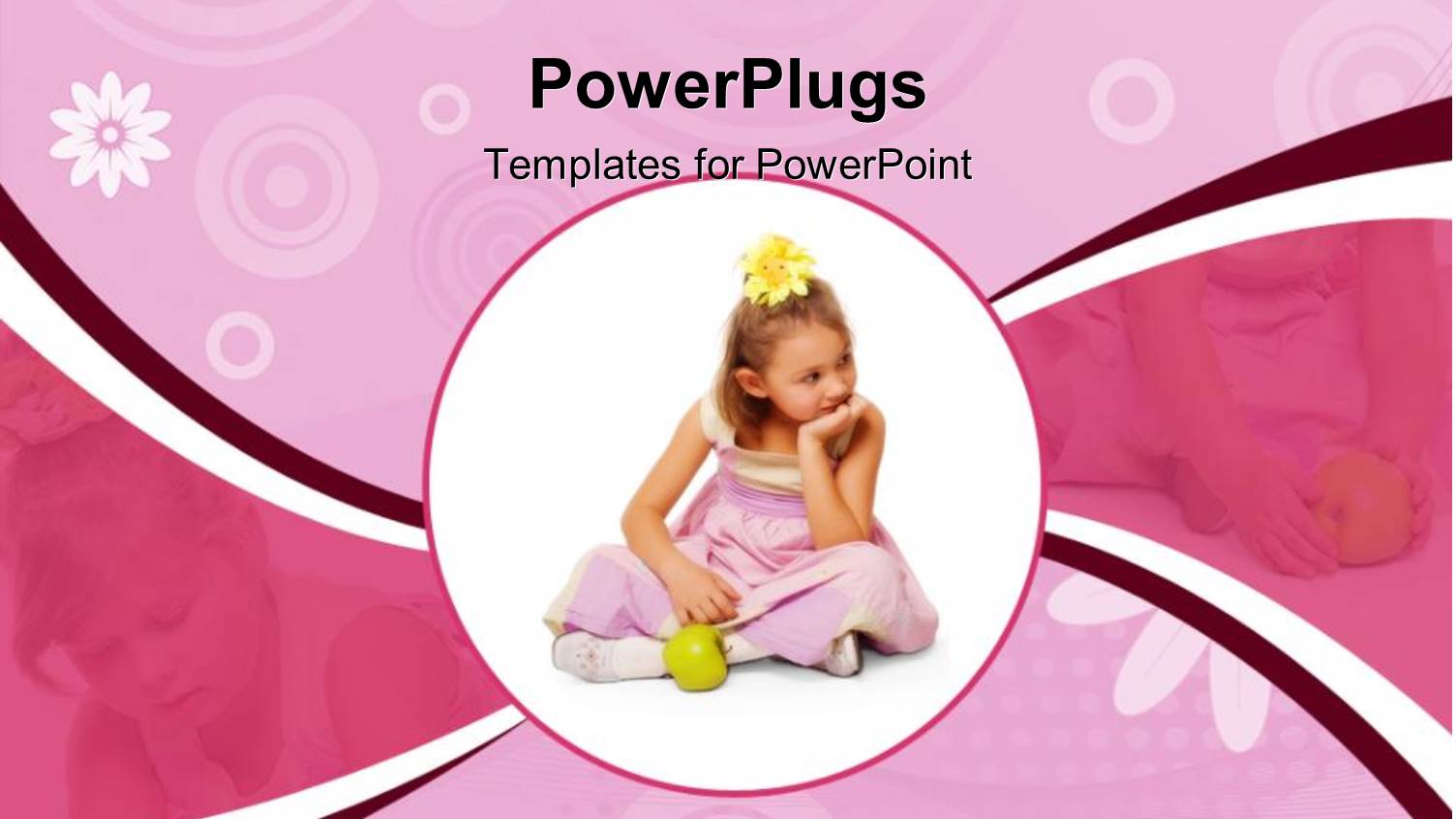 Circular Close Up Depiction of Girl in Pink Dress and Yellow Flower in Hair with Green Apple