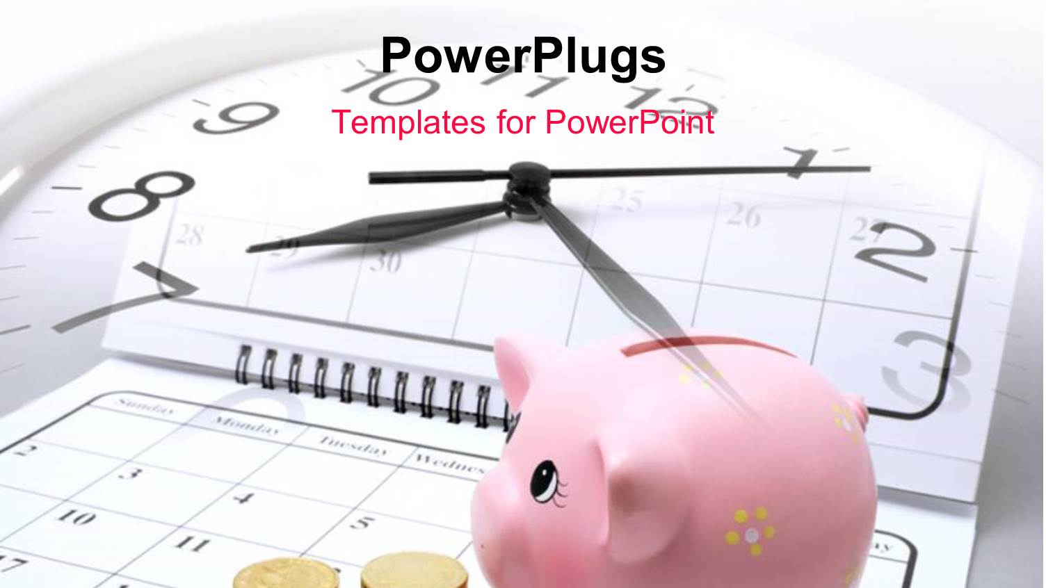 a Clock with a Pink Piggy Bank and some Gold Coins