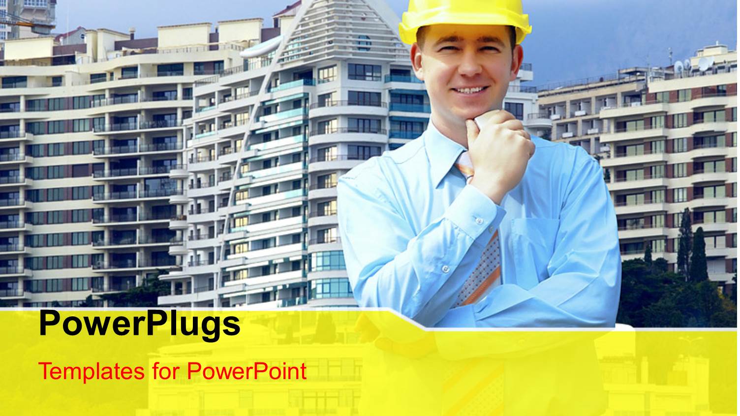 Close-up of Architect Over huge Buildings with Blue Sky 