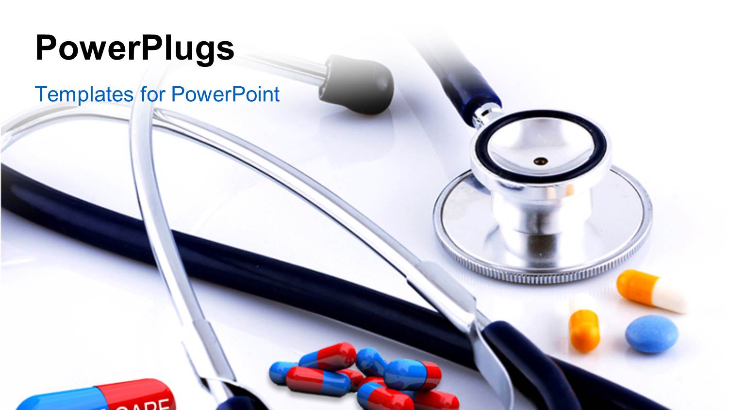 Close-up of some Pills with One Featuring the Words Health Care with a Stethescope