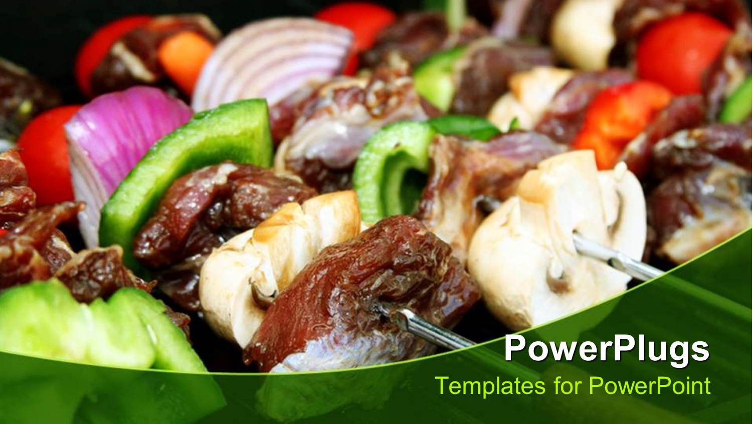 Close Up of Barbecue Sticks with Meat and Vegetables, Green Pepper Slices, Onion Slices, Meat Slices, small Red