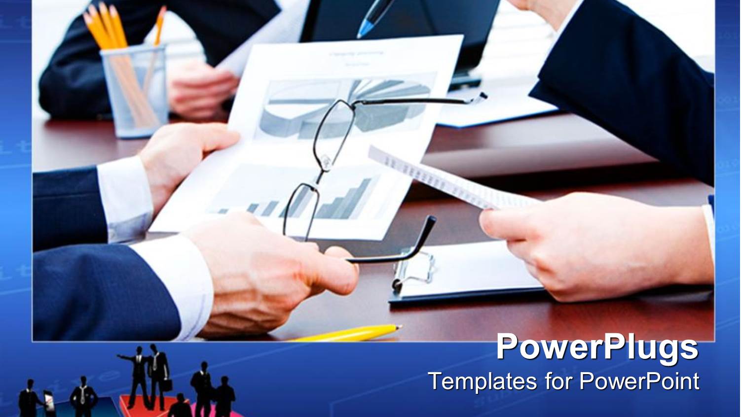 Close Up of Business Meeting with Hands of Company Workers Discussing Around the Desk, Eyeglasses, Pie Chart on Paper,