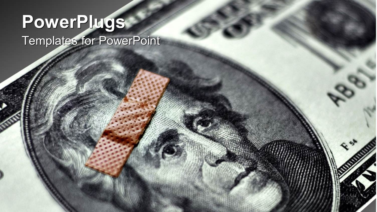 Close Up of Currency Bill with Bandage on Forehead on Gray Background