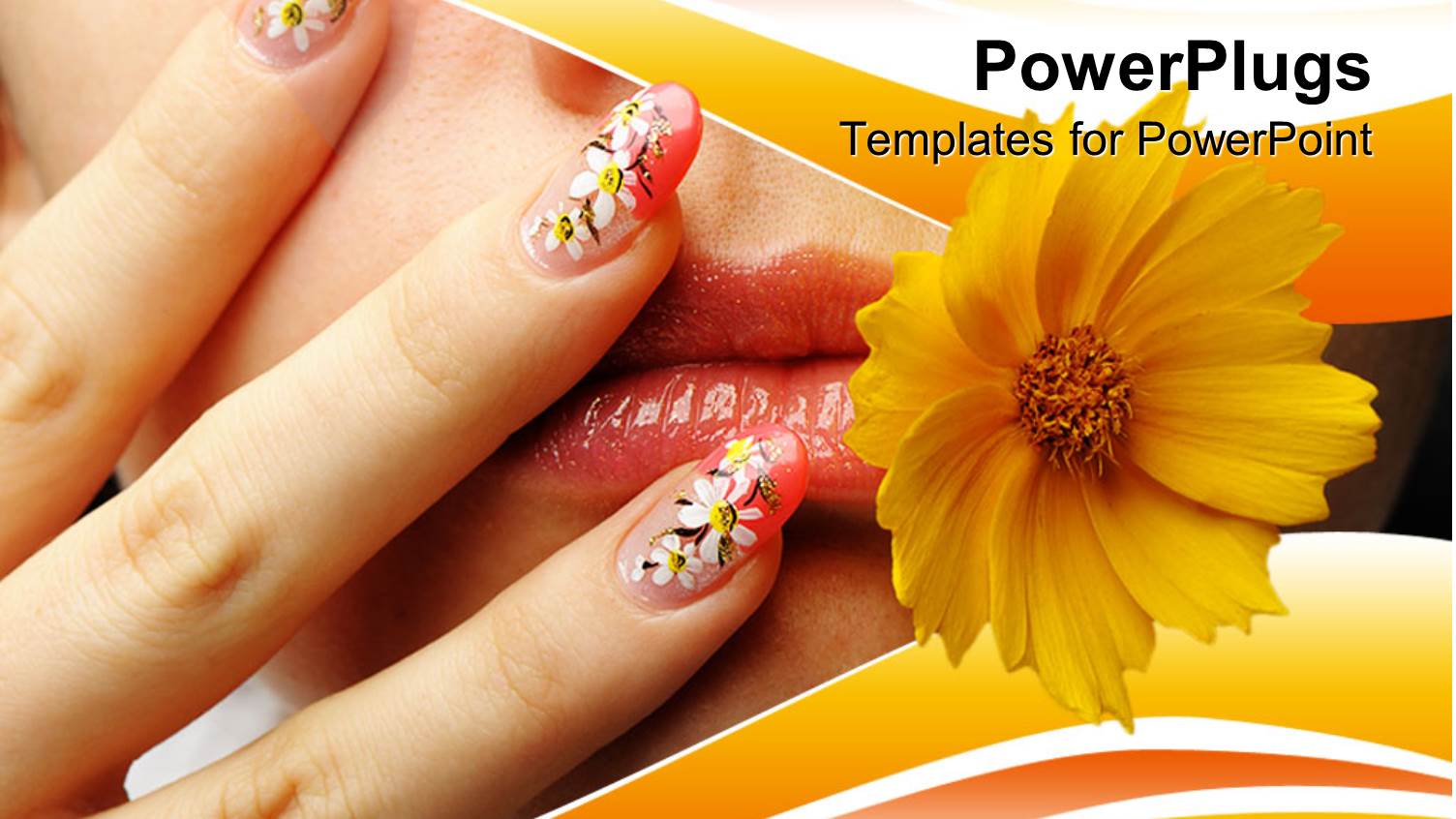Close Up of Female Mouth and Hand with Nails, Chamomile Design on Nails and Yellow Flower Near Woman's Mouth