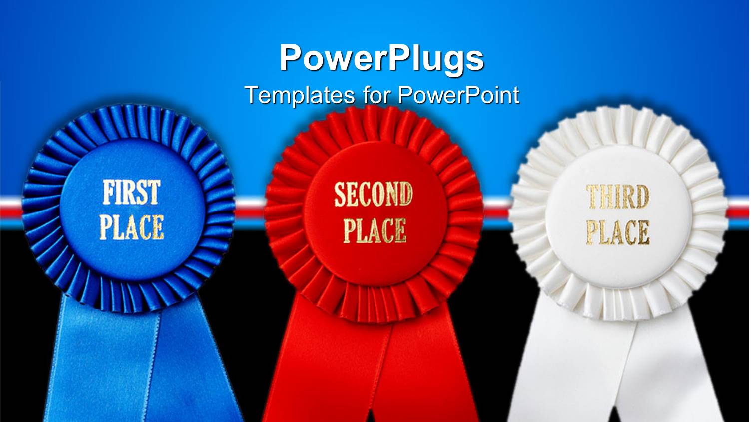 Close Up of First Three Places Ribbons, Blue First Place Ribbon, Red Second Place Ribbon White Third Place Ribbon on