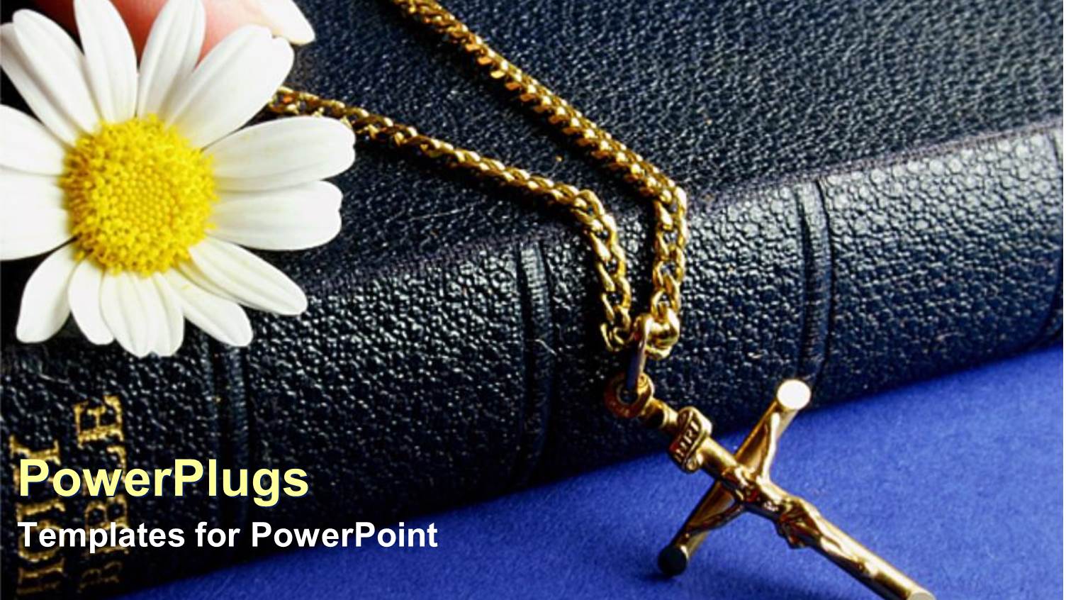 Close Up of Holy Bible Cover with White Flower and Hand Holding Necklace with Holy Cross Jesus Christ on Cross
