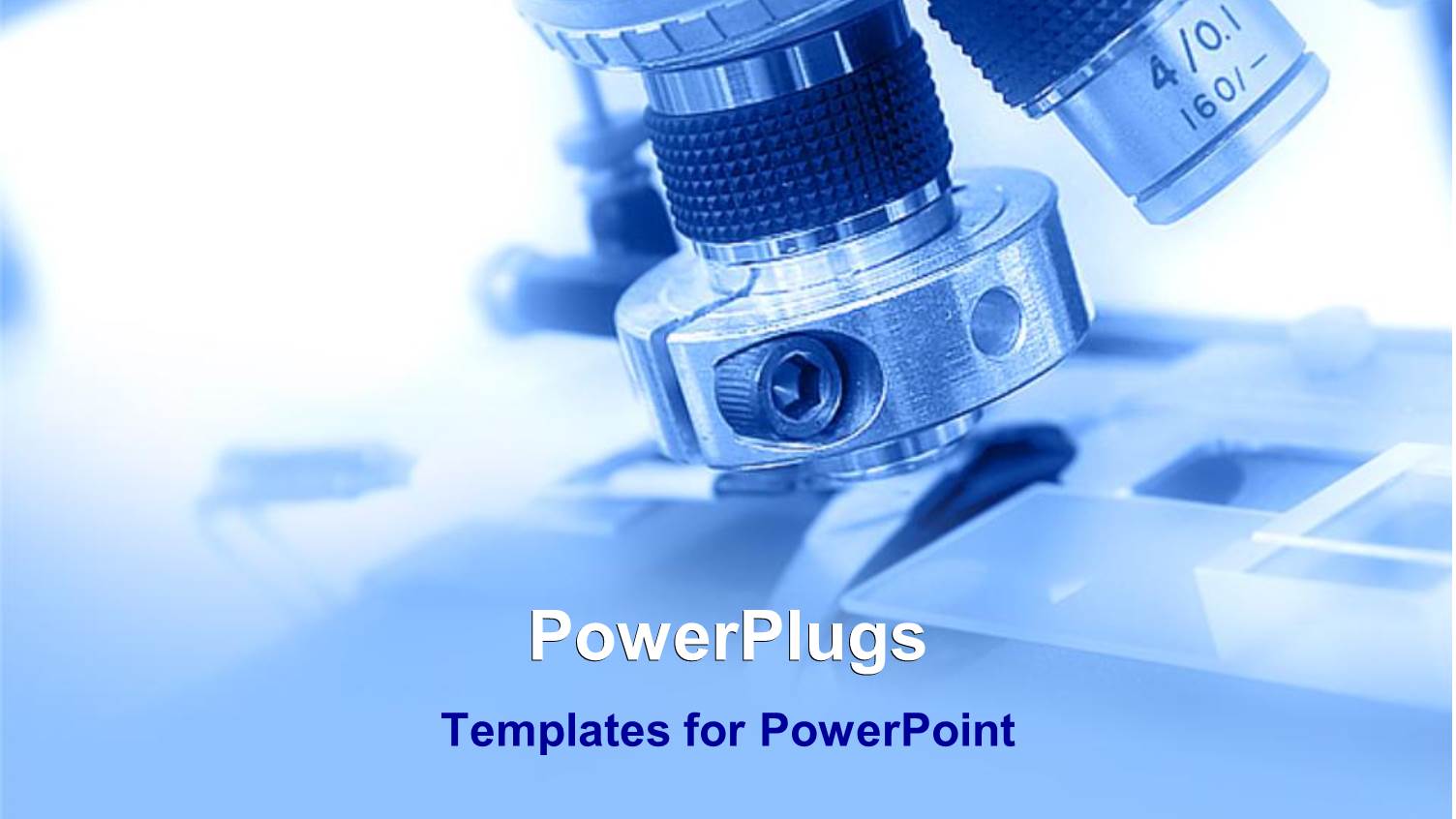 Close Up of Microscope Lens and Slide with Blue and White Background