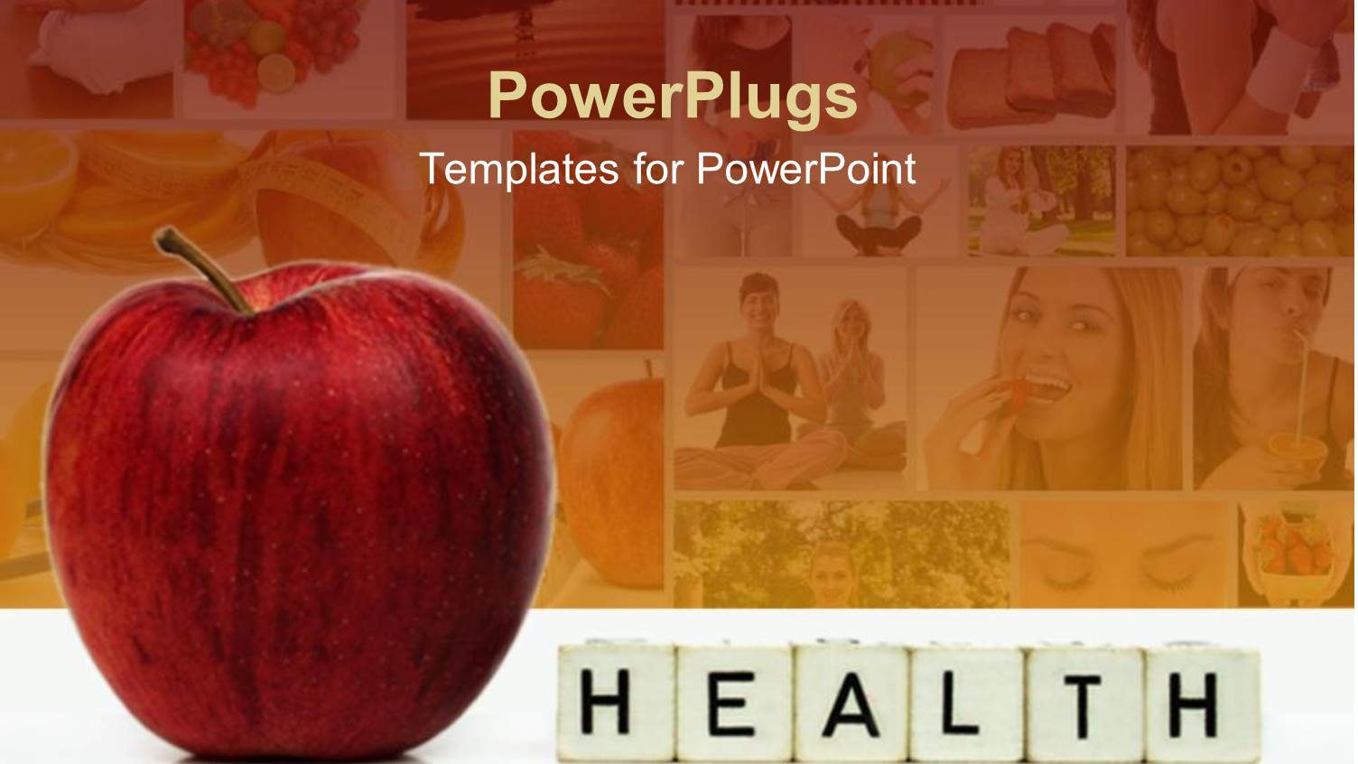Close Up of Red Apple and Word Health Formed on Cubes, Collage of Multiple Depictions of Fruits and People Performing