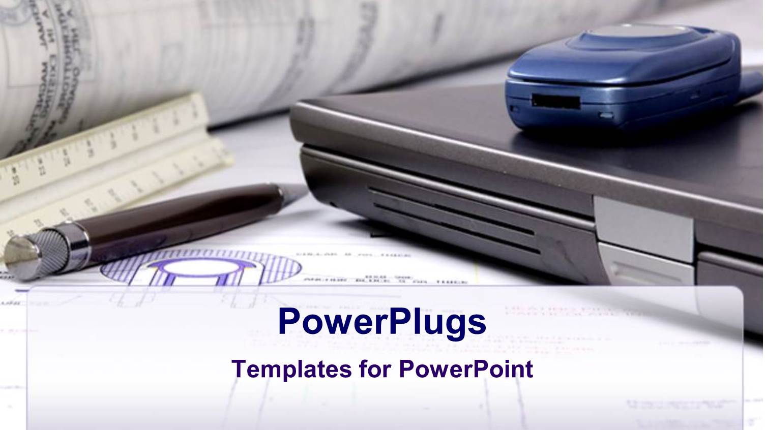 Closed Laptop, Mobile Phone, Pen, Ruler, Blueprint Papers and Rolled Papers
