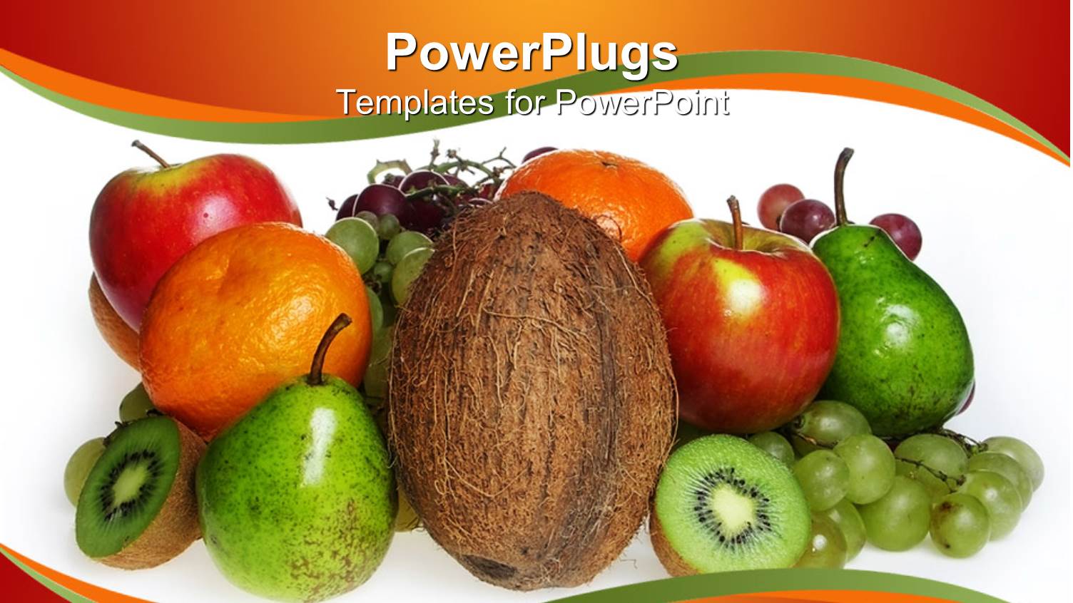 Coconut, Apples, Pears, Kiwi, Grapes, Oranges on White Background