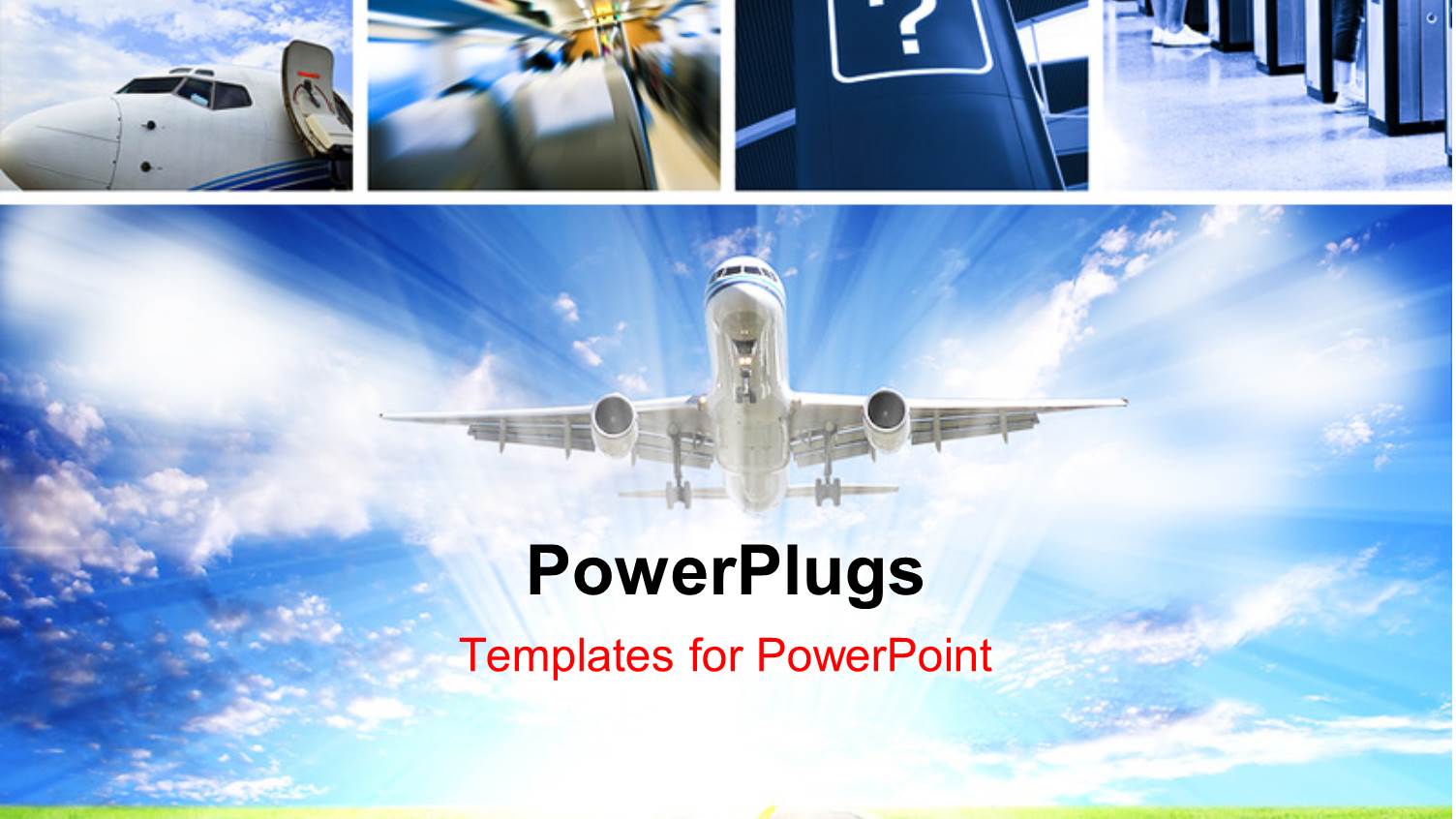 Collage of Airplane Interior with Airplane Taking off into Blue Cloudy Sky