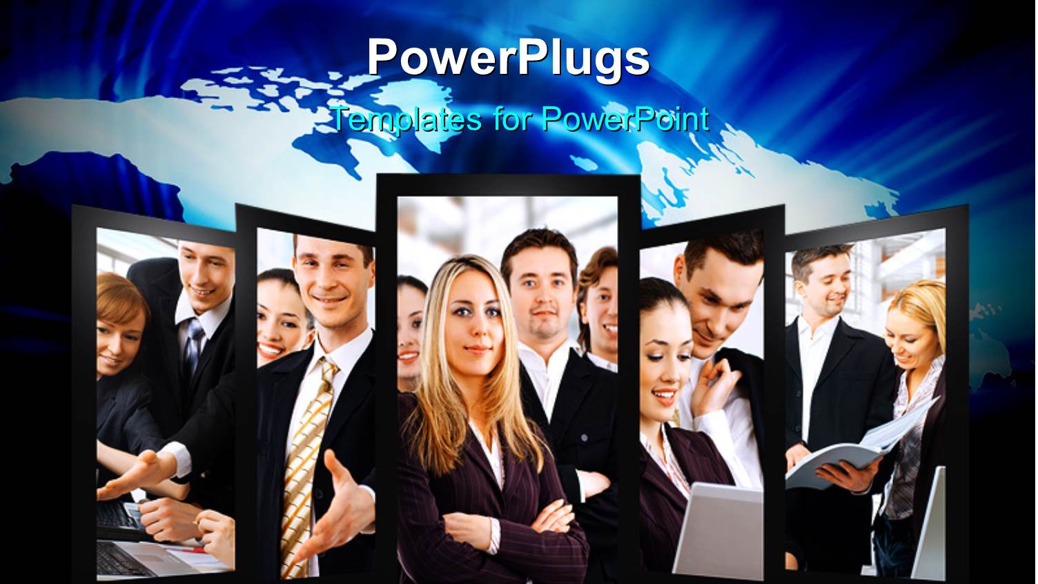 Collage of Business Professionals Over World Map in Blue Background