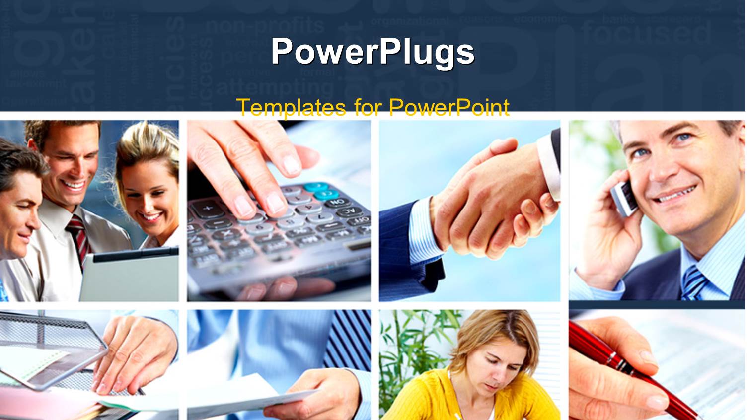 Collage of Business Scenarios with Dark Blue Text Area at Top