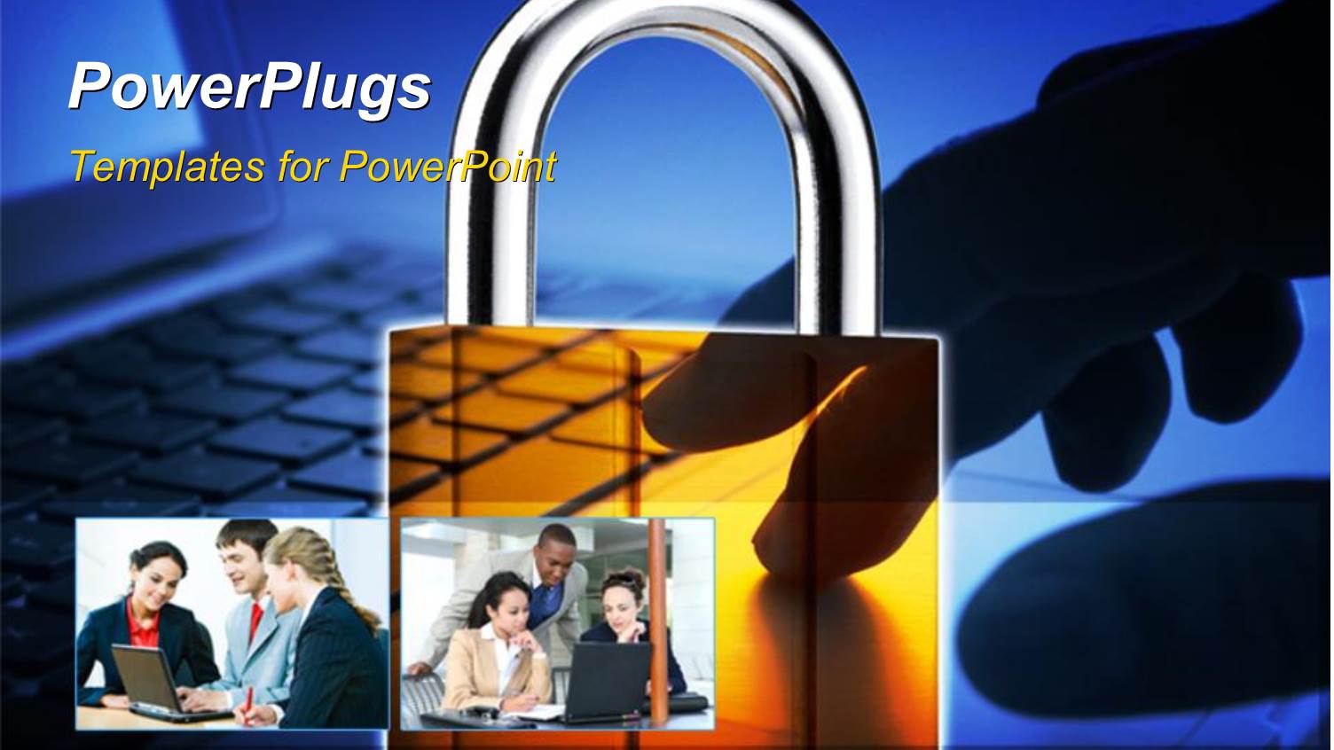 Collage of Business Team Operating Laptop with Yellow Padlock