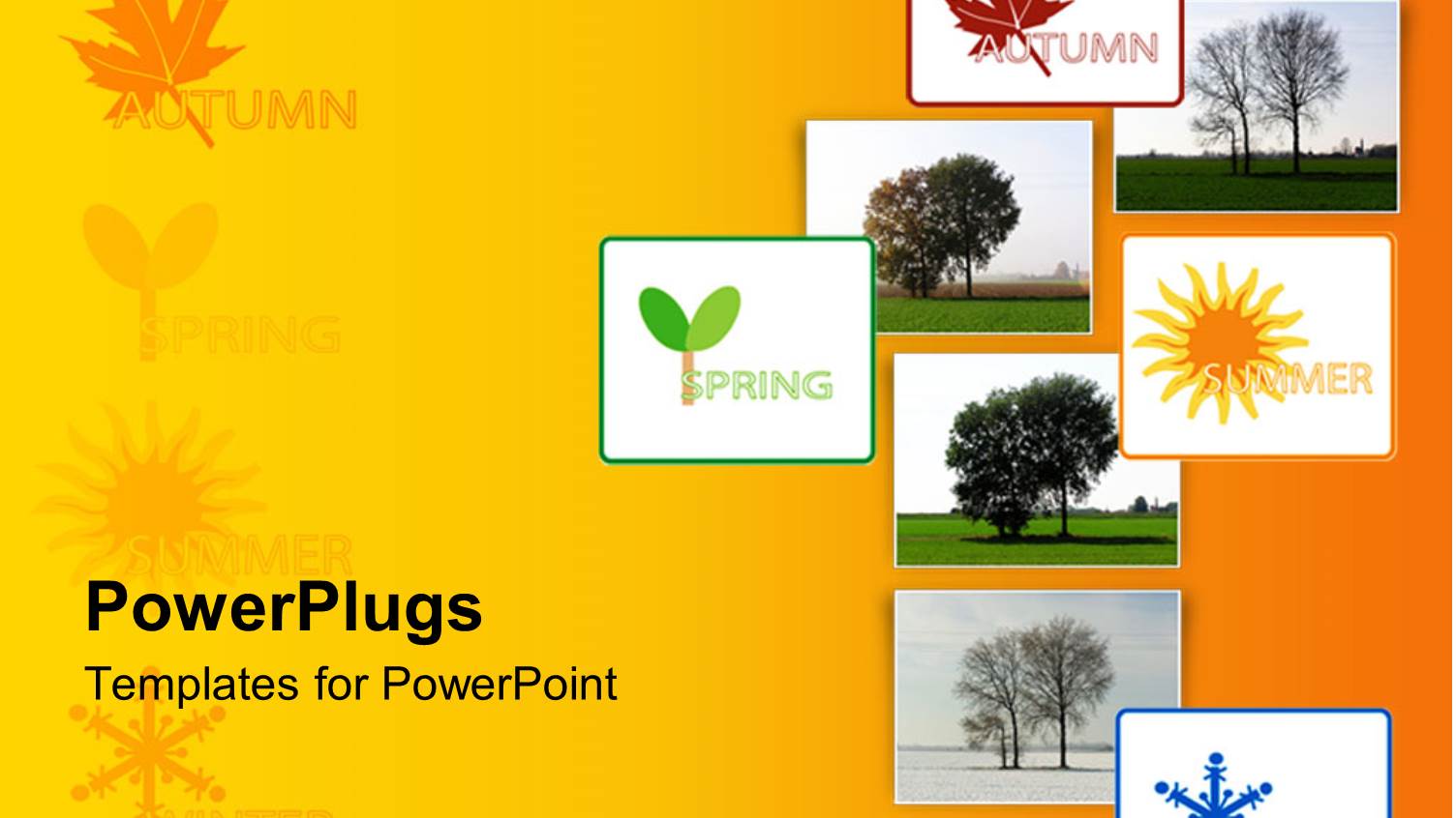 Collage with Eight Depiction of Four Seasons, Autumn Spring Summer Winter with Trees on Gradient Yellow Background