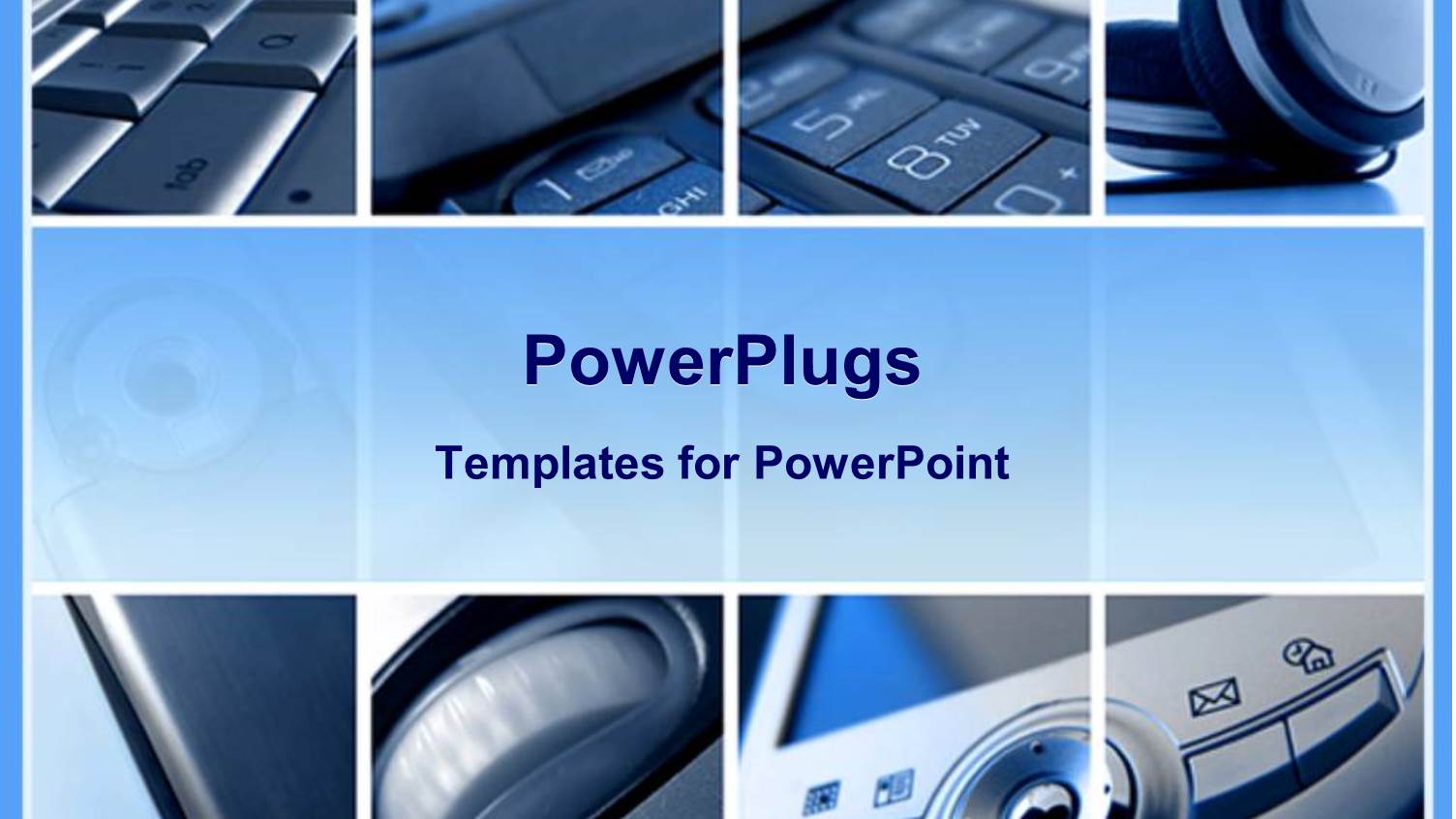 Collage of Eight Depictions of Digital Technology, Laptop Computer Keyboard, Headphones, Mobile Phone Keys
