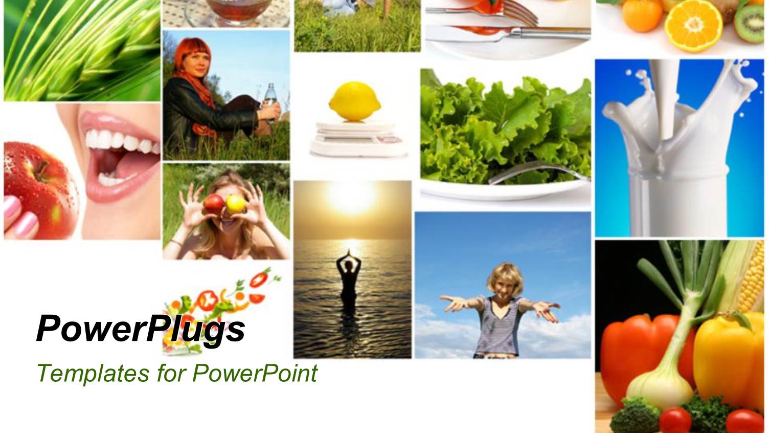 Collage of Fresh Fruits, Vegetables, Milk Depicting Heathy and Fit Lifestyle