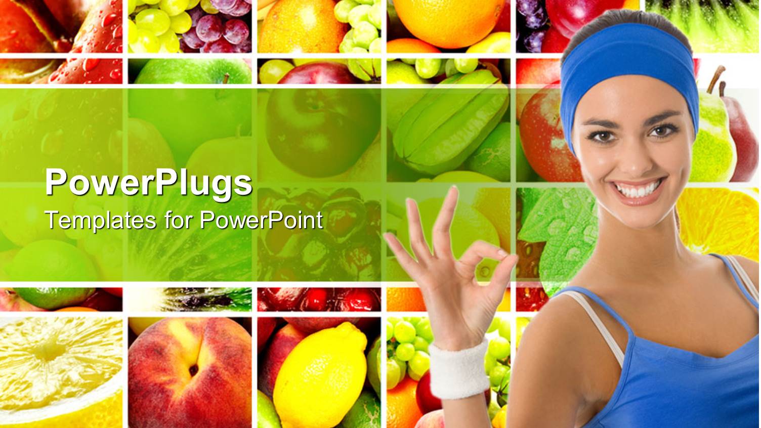 Collage of Fruits Behind Smiling Woman in Blue Vest and Headgear
