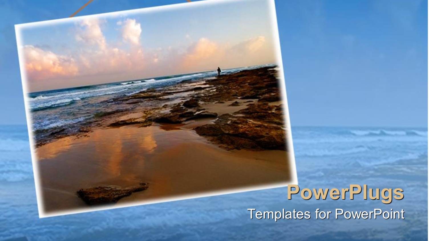 Collage of Man Standing on Beautiful Sea Shore on Blue Background