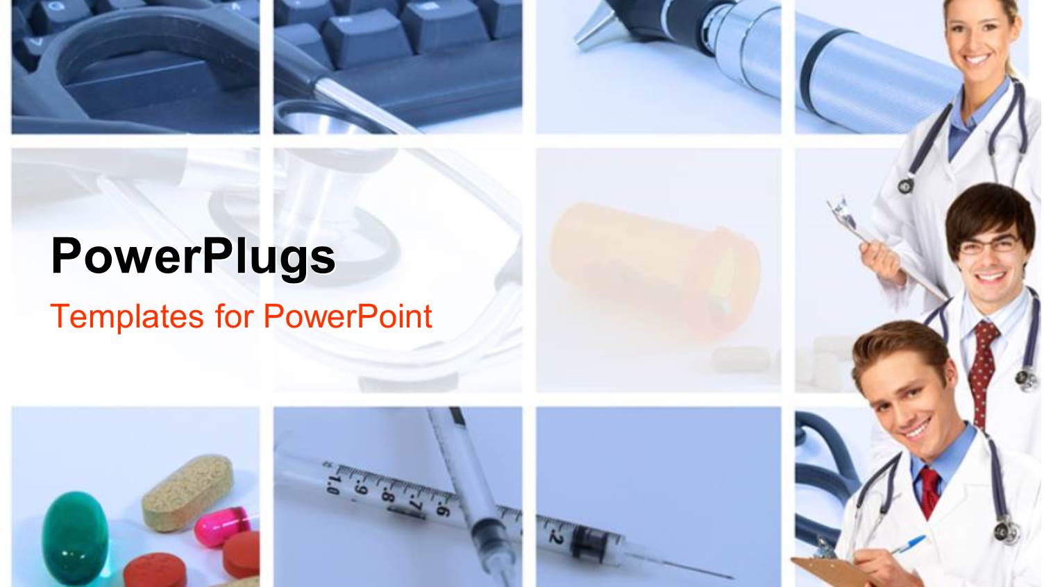 Collage of Medical Doctors with Stethoscope Over Computer Keyboard and Drugs