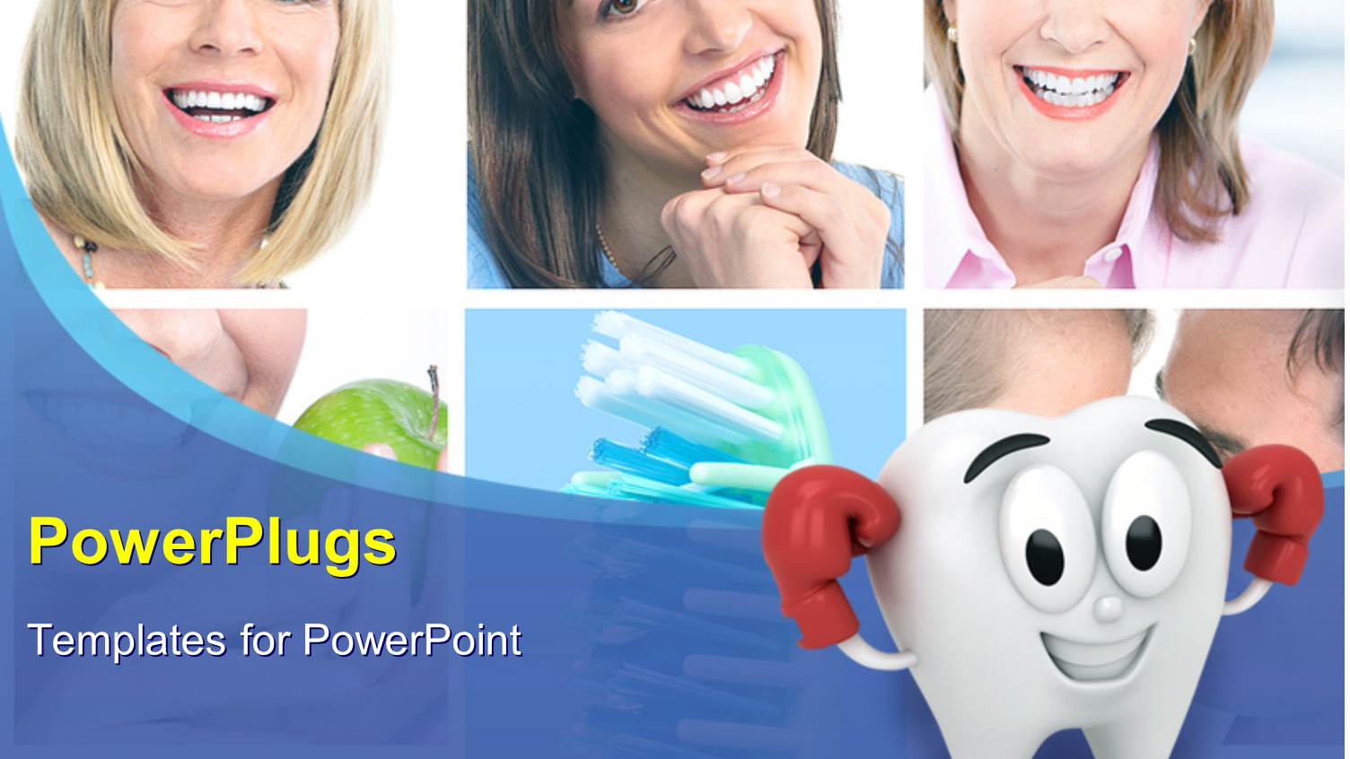 Collage of Smiling Women with Healthy Tooth in Background and Cartoon Character as Teeth in the Foreground