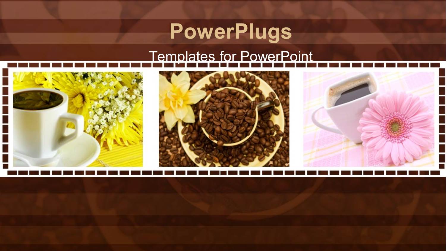Collage of Three Depictions of Coffee with Coffee Cup and Saucer and Yellow Flowers, Coffee Beans in Cup and Saucer,