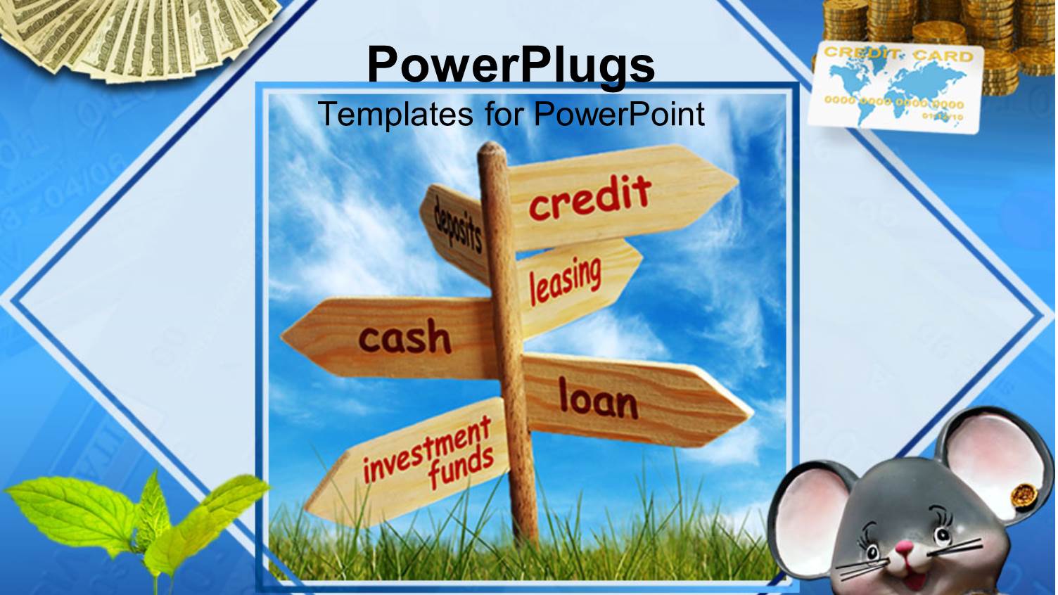 Collage of Wooden Signpost with Money and Credit Card at Corners