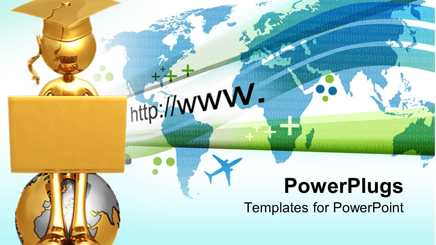 College Metaphor with Graduate Holding Laptop Atop Globe with World Air Travel Map Background