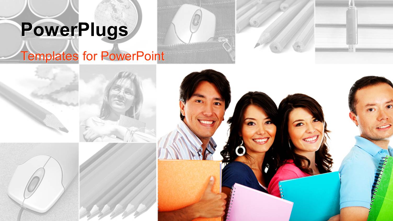 College Students Smiling with Books, Black and White Education Collage with Mouse, Pencils