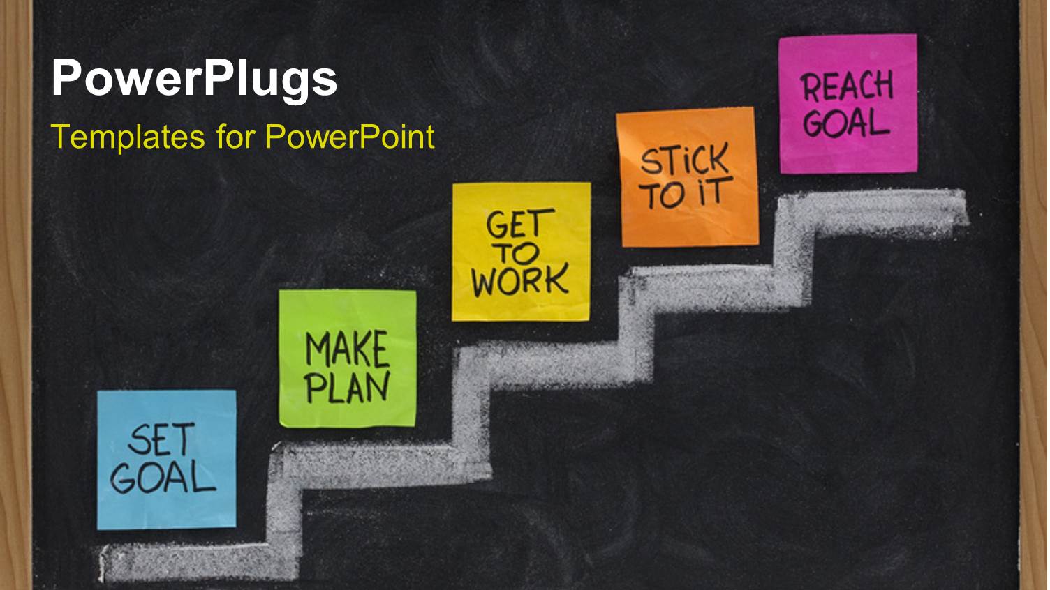 Color Notes with Keywords Set Goal, Make Plan, Work, Stick to it, Reach Concept Presented on Blackboard