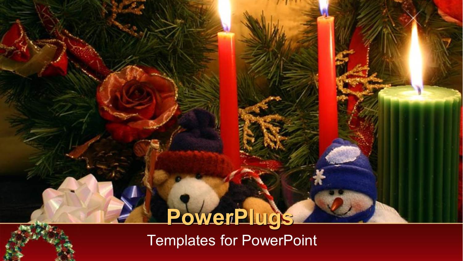 Colored Candles with Christmas Depiction and Teddy Bears