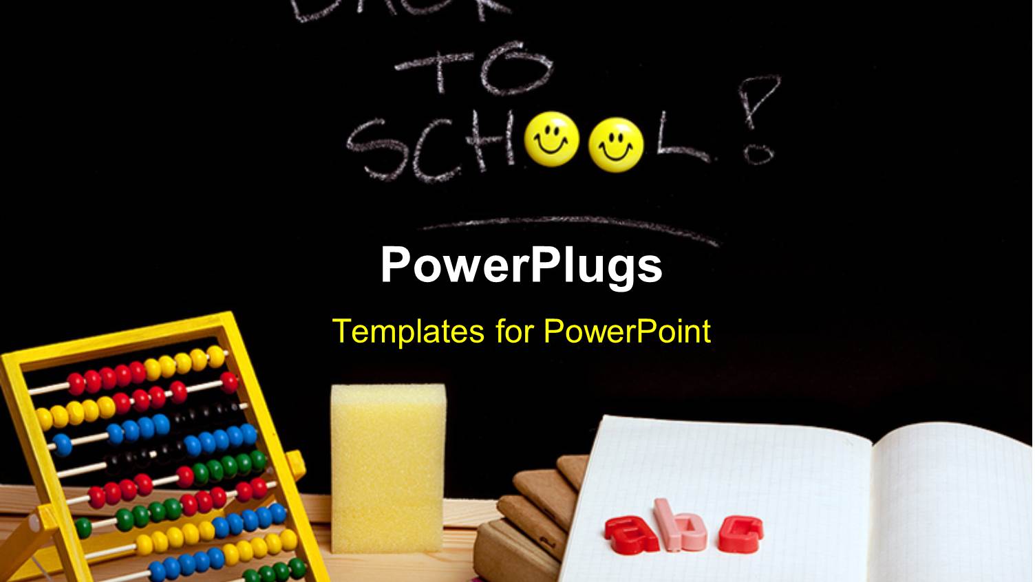 Colored Letters on Notebook and Abacus on Desk Over Chalkboard 