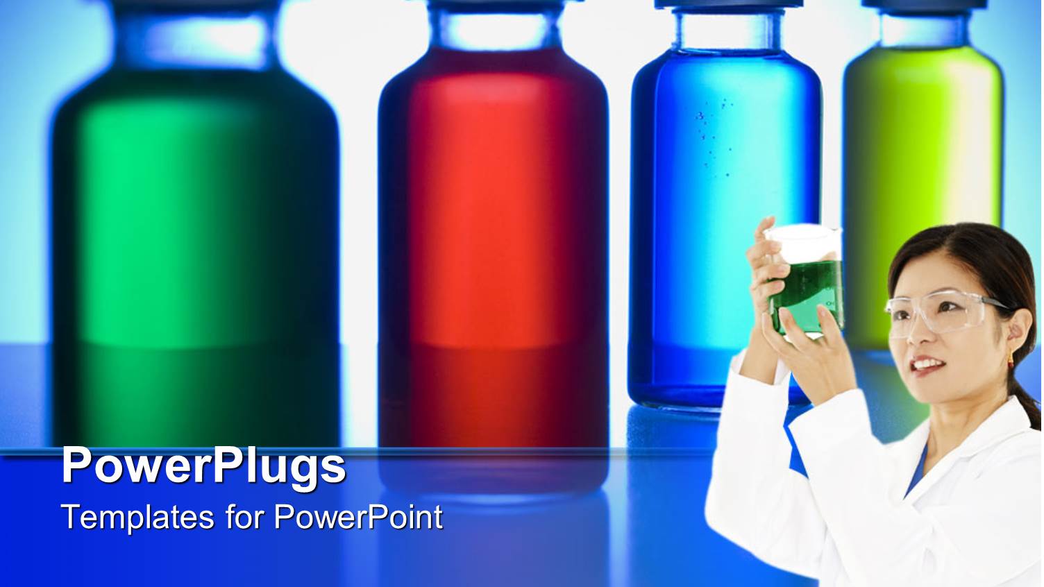 Colored Liquids in Vials with Female Doctor Examining Liquid in Beaker