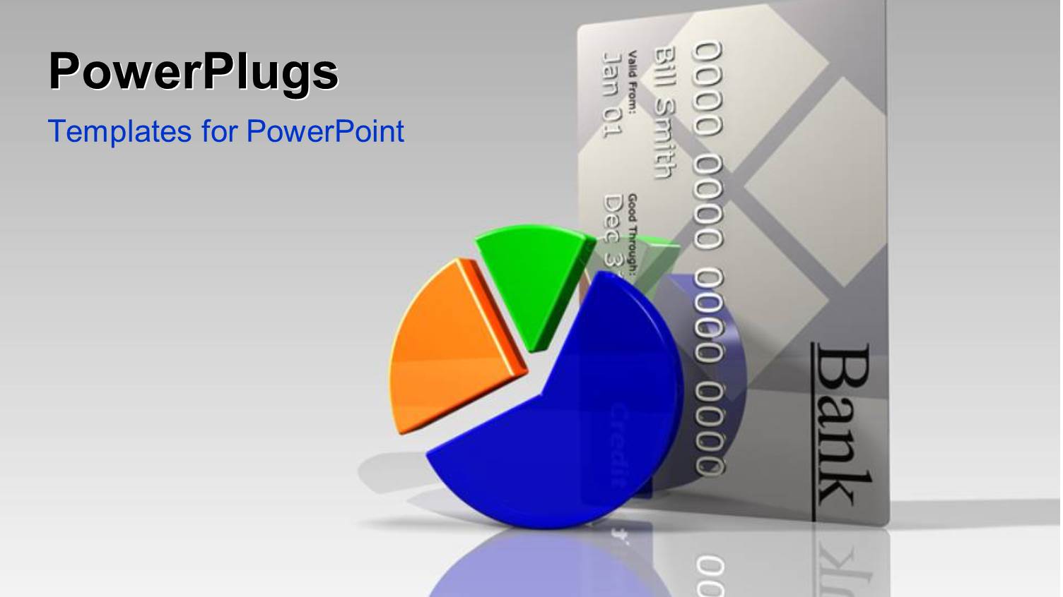 Colorful 3D Pie Chart and Bank Credit Card Over Reflective Background 