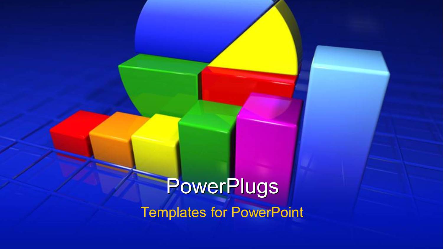 Colorful 3D Pie Chart and Bar Graph Over Blue Grid