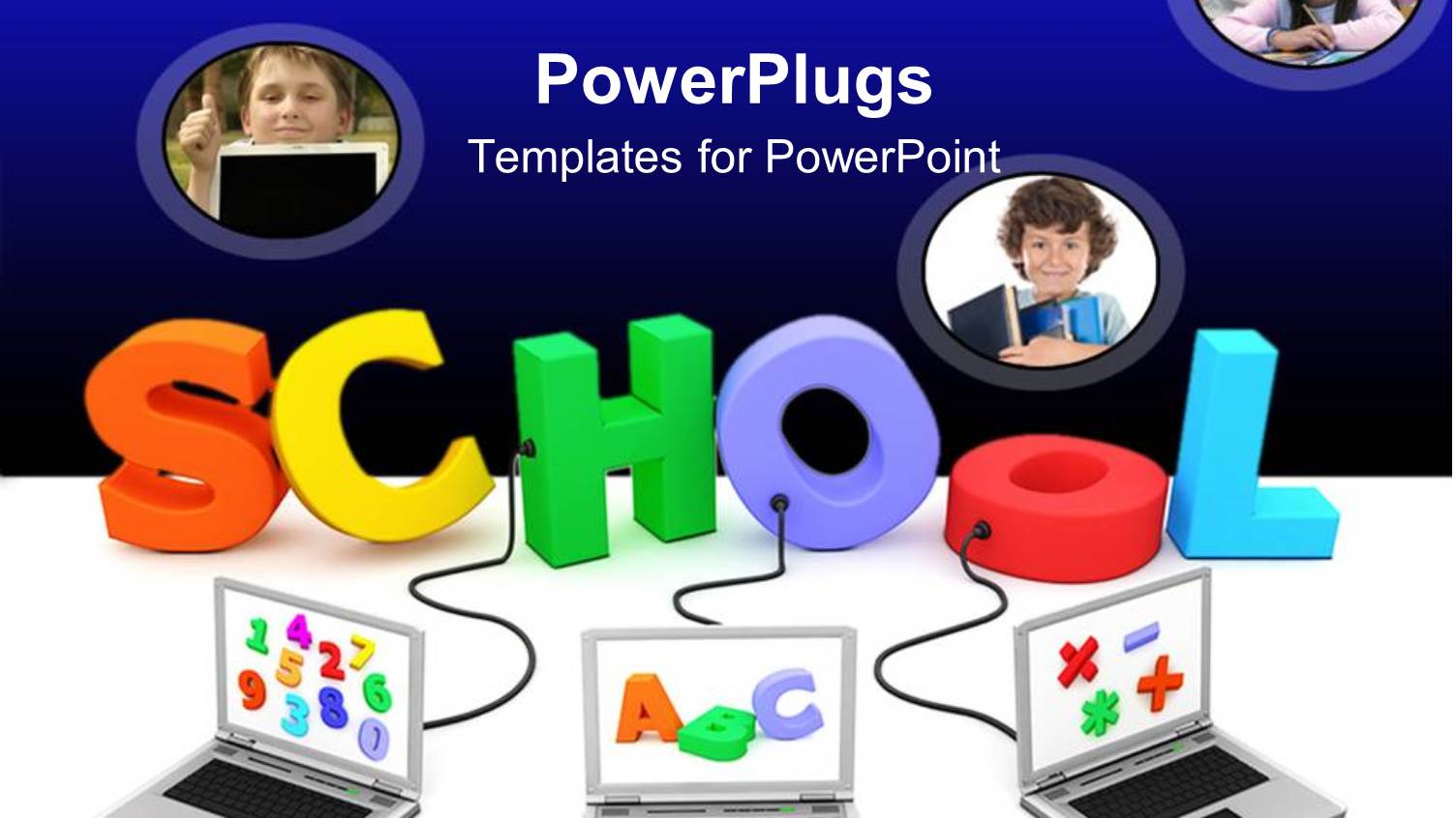 Colorful 3D Word School Connected to Three Laptops with Alphabets and Numbers