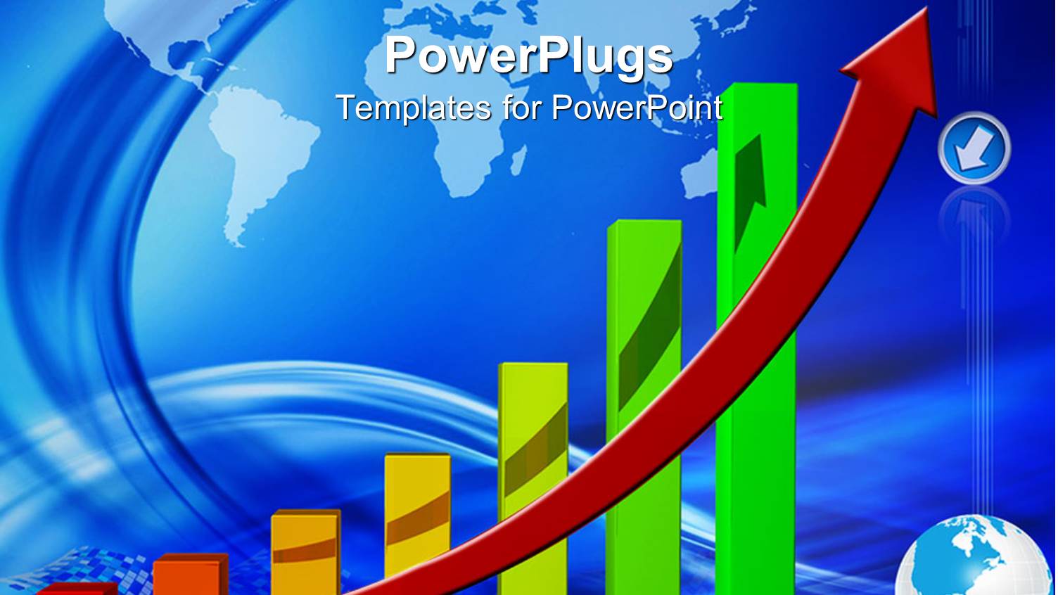 Colorful Bars in 3D Graphic Chart with Red Rising Arrow and Globe, World Map in the Background
