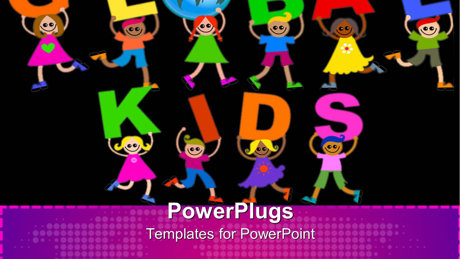 Colorful Children Carrying Letters Forming GLOBAL KIDS Sign in Black Background