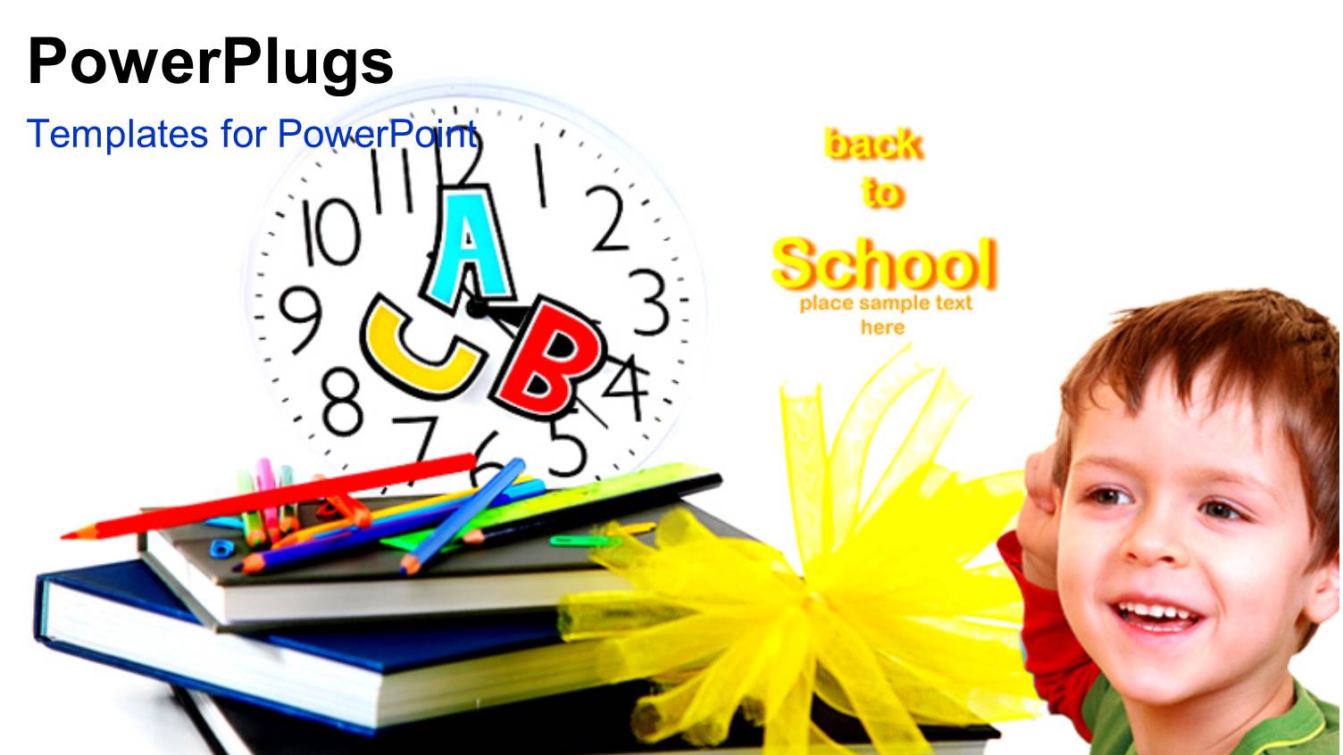 Colorful Crayons on Book Pile with Letters on Clock and Young Kid
