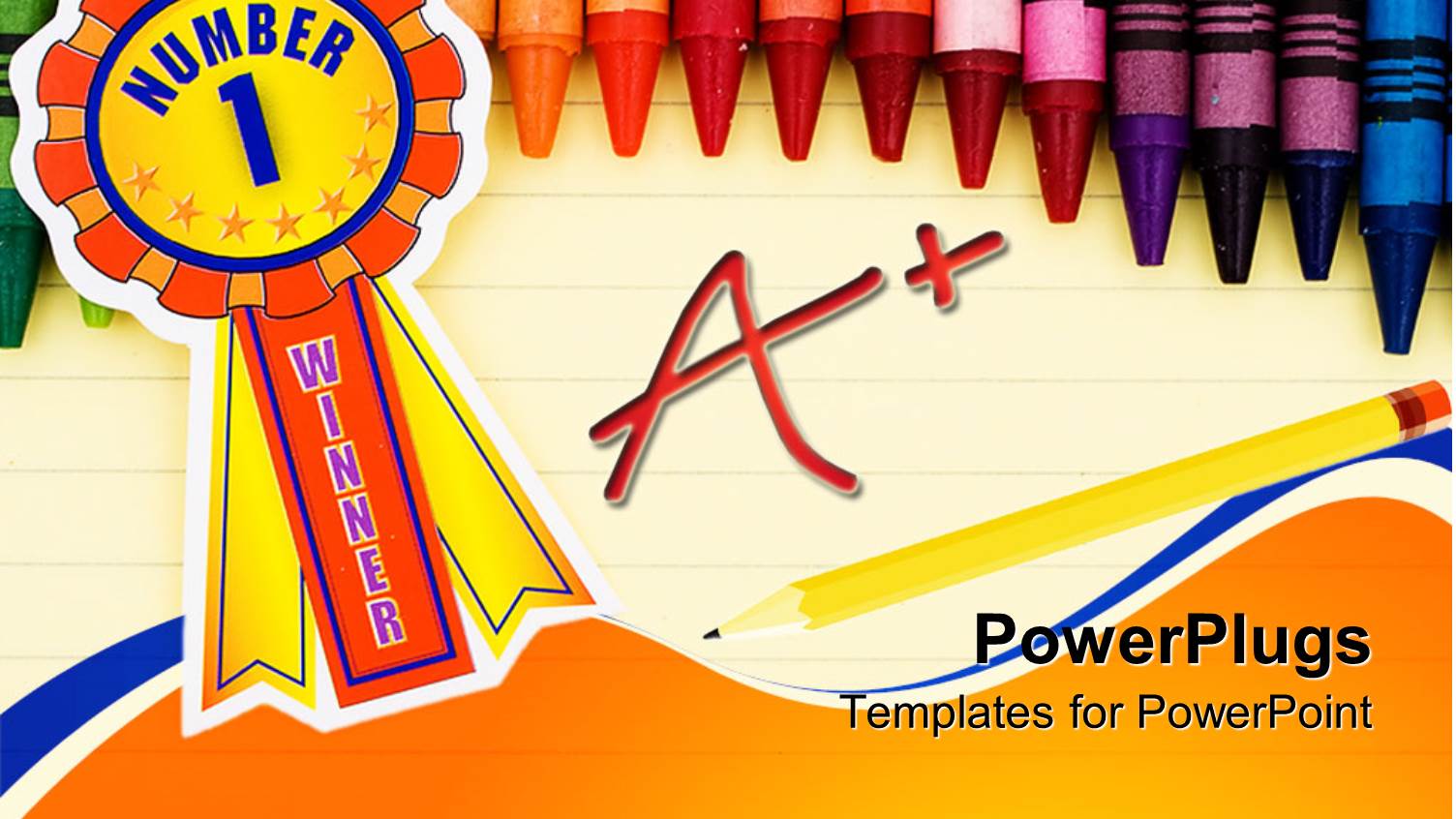 Colorful Crayons on Lined Paper with Pencil and a+ Grade and Ribbon with Number 1 Winner