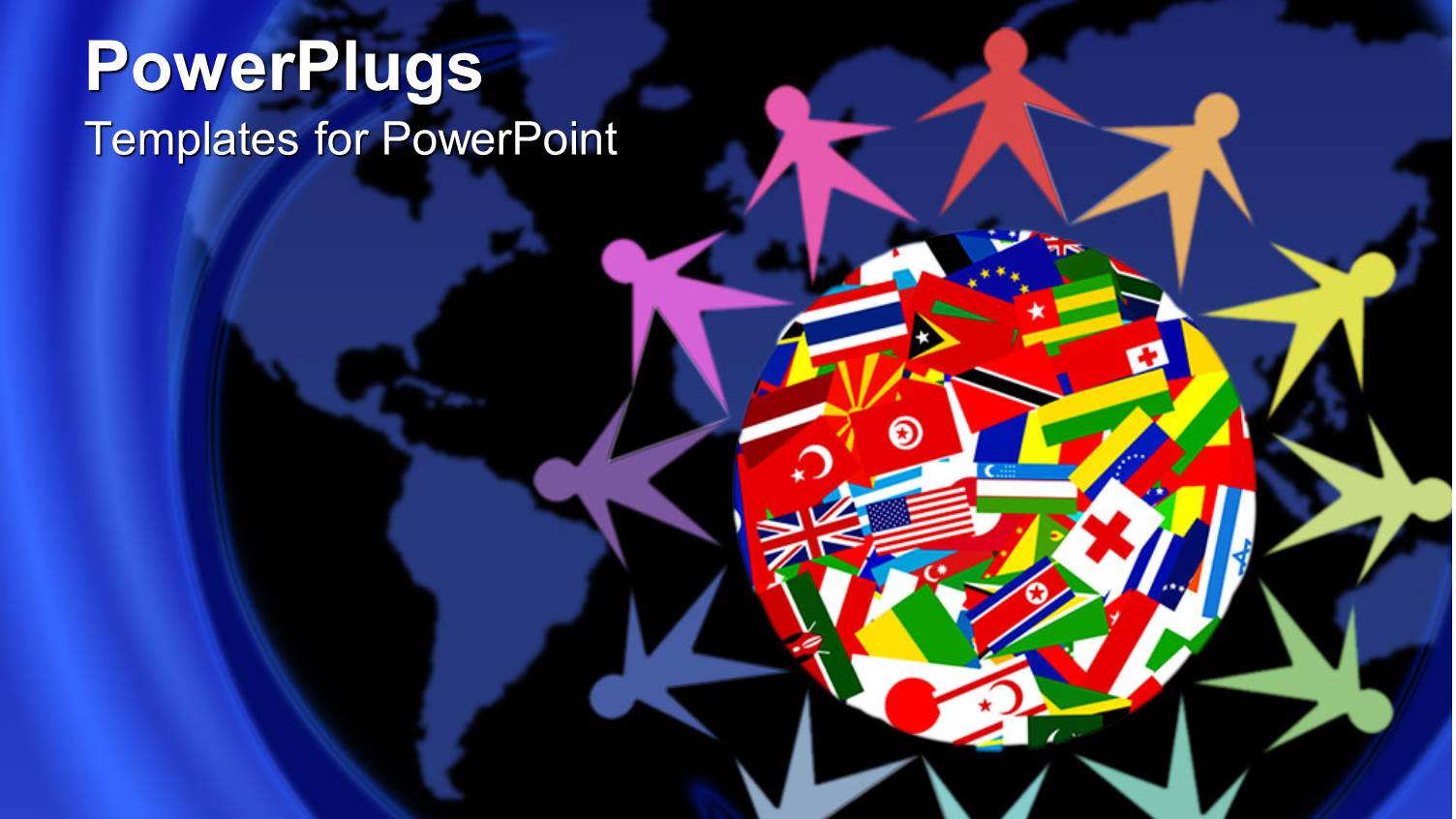 Colorful Figures Holding Hands Sitting Around Planet Earth Covered in Various Flags of Countries of the World